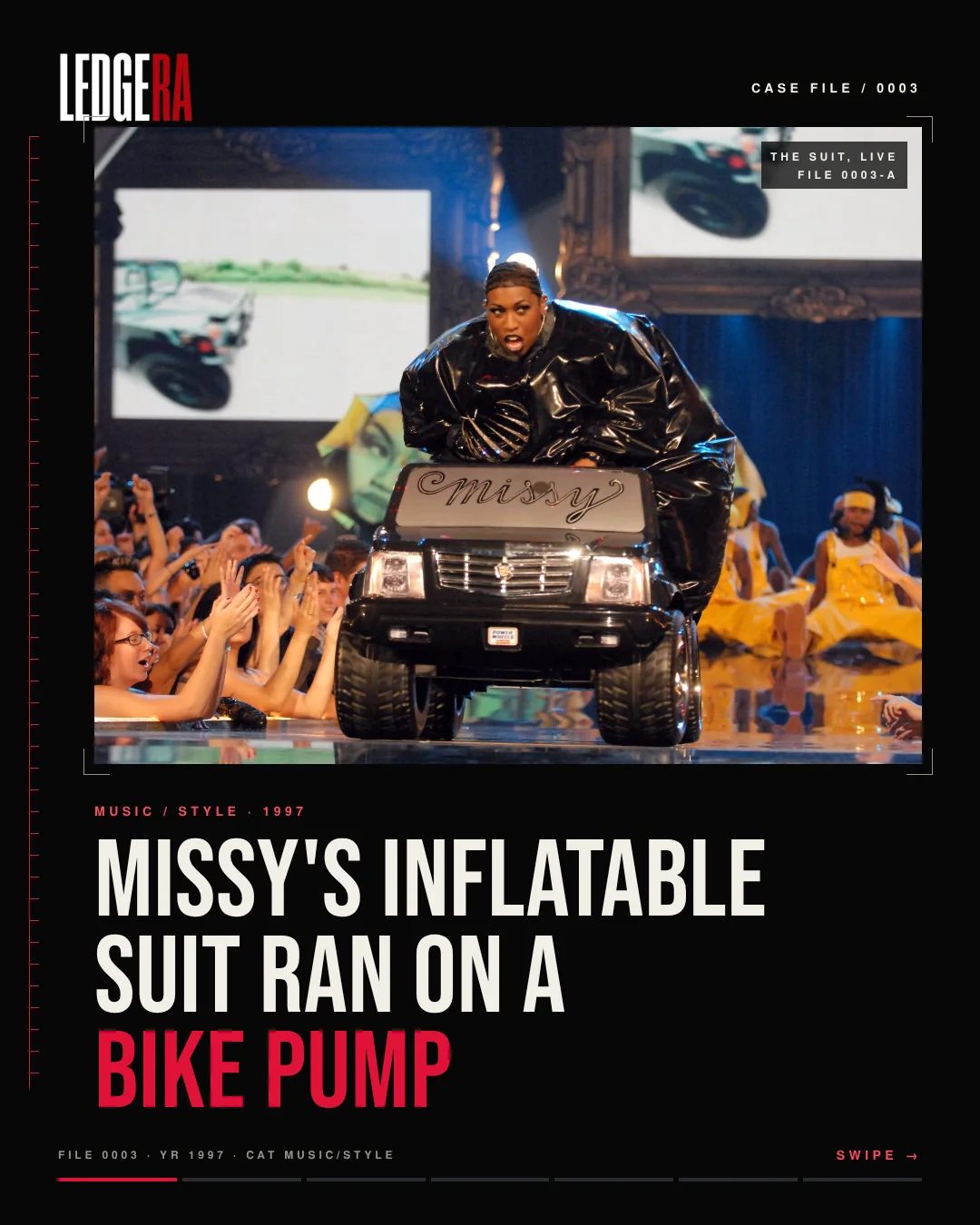 LEDGERA Case File 0003: Missy's inflatable suit ran on a bike pump, frame 1 of 7