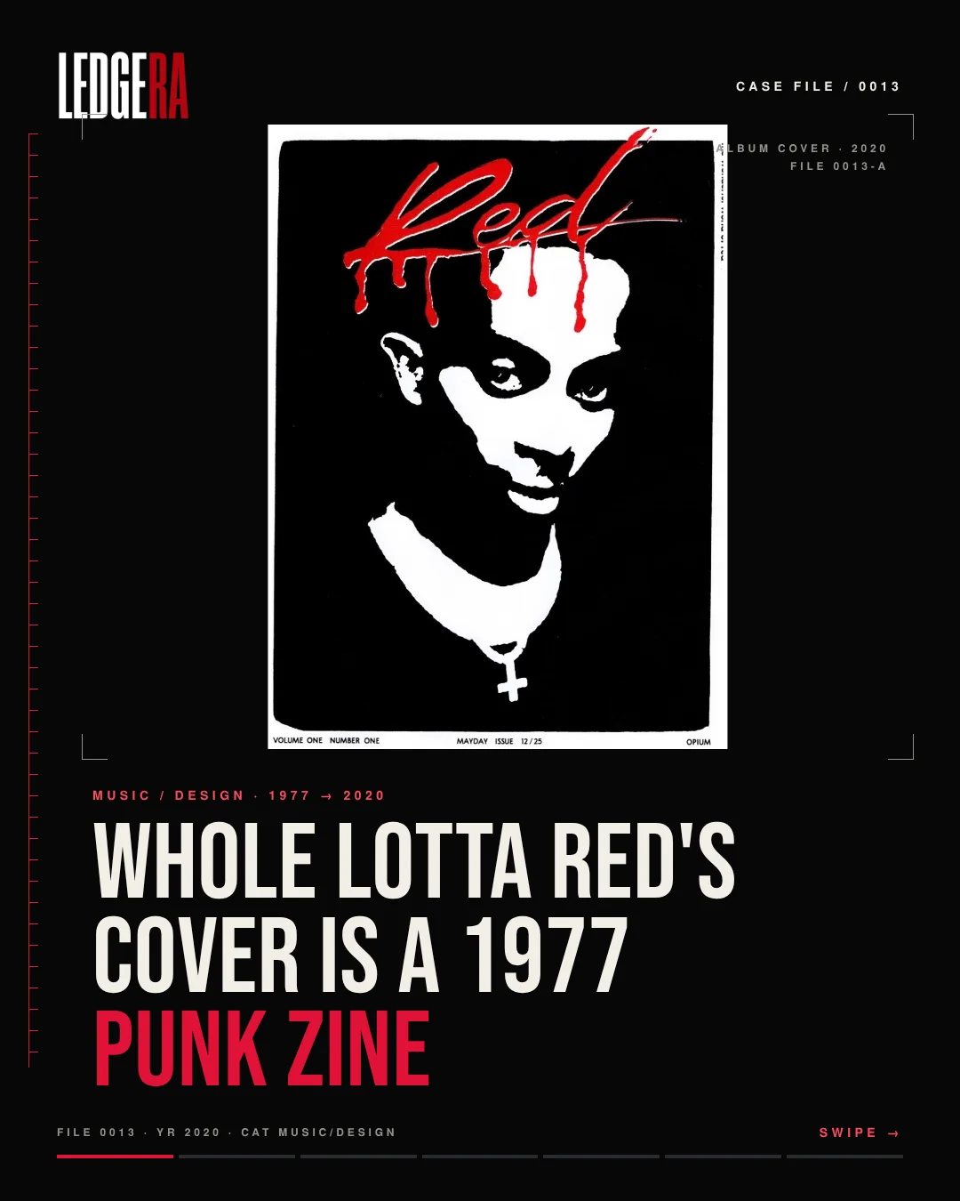 LEDGERA Case File 0013: Whole Lotta Red's cover is a 1977 punk zine, frame 1 of 7